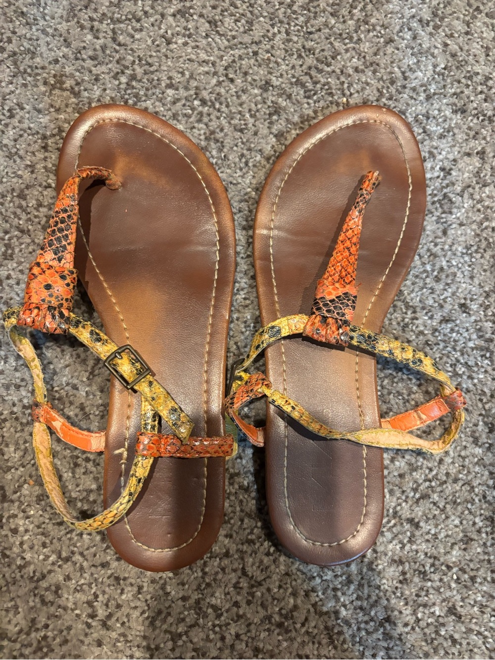 Women’s Brown Leather Sandals with Orange & Yellow Snakeskin Straps